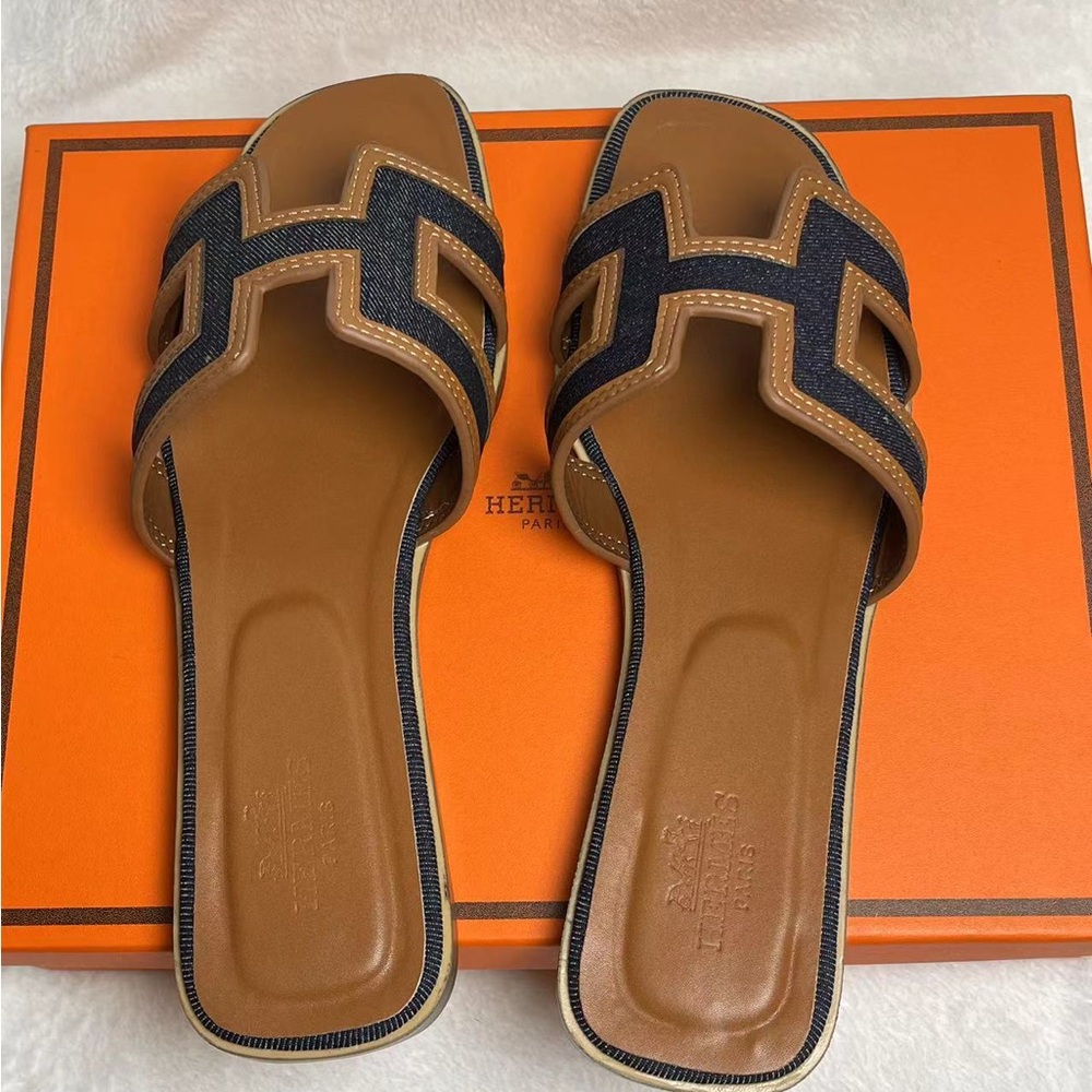 Hermes Oran Denim & Tan Leather Flat Sandals